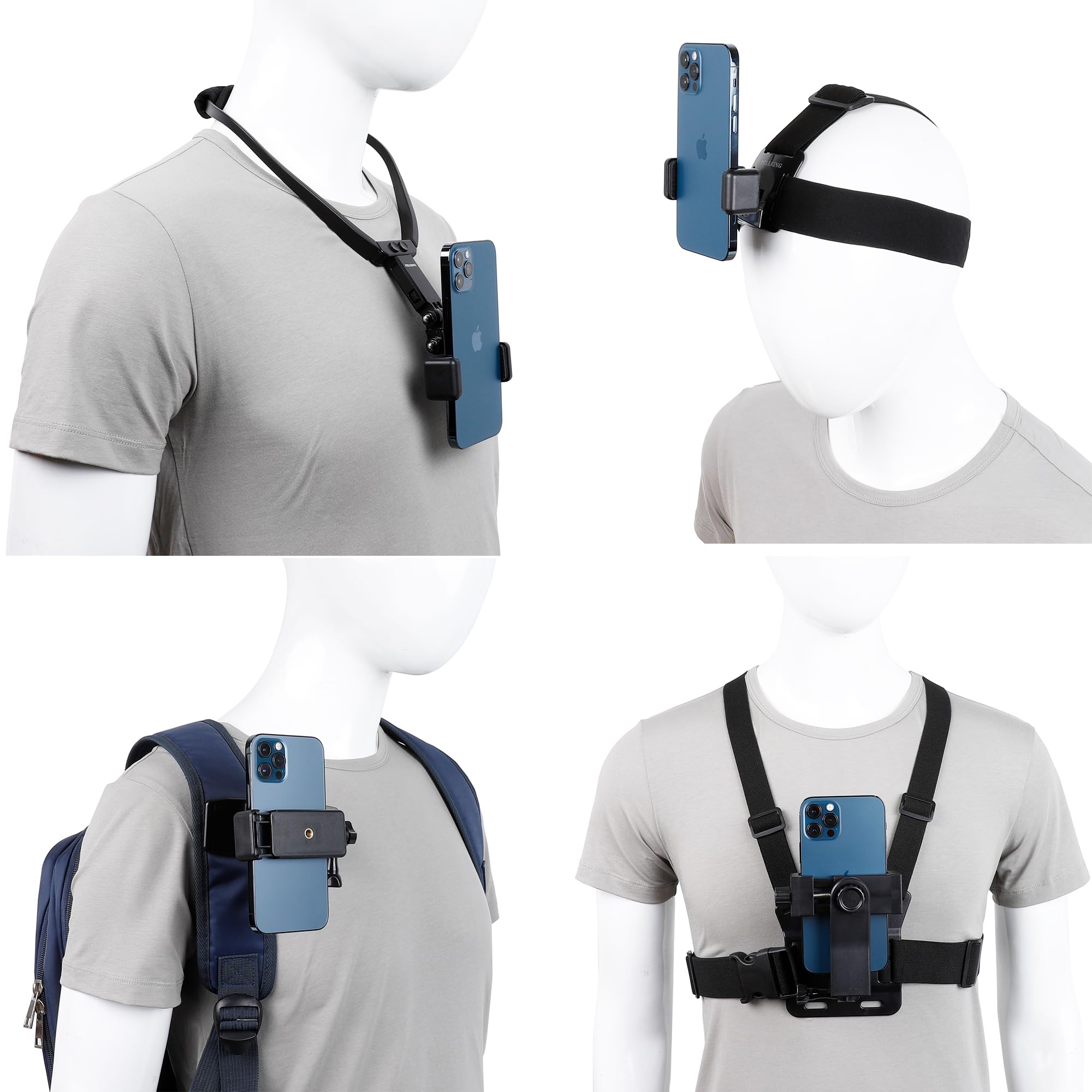 Pellking Phone First Person Perspective Shooting Mount,Accesssory Kit With Chest Mount/Head Mount/Neck Holder/Backpack Strap Mount,For Iphone Samsung Oneplus And Gopro Action Camera More