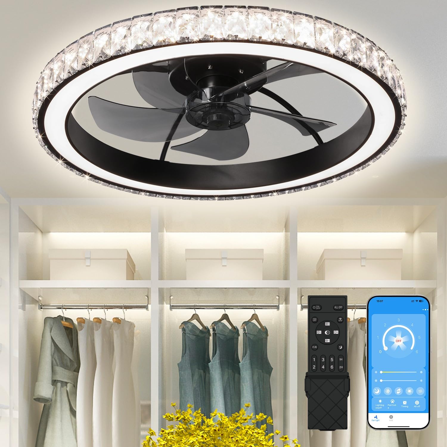 Aipsun Low Profile Modern Crystal Chandelier Ceiling Fans with Lights and Remote, 3000K-6500K Smart Bladeless LED Fan Light, 22 
