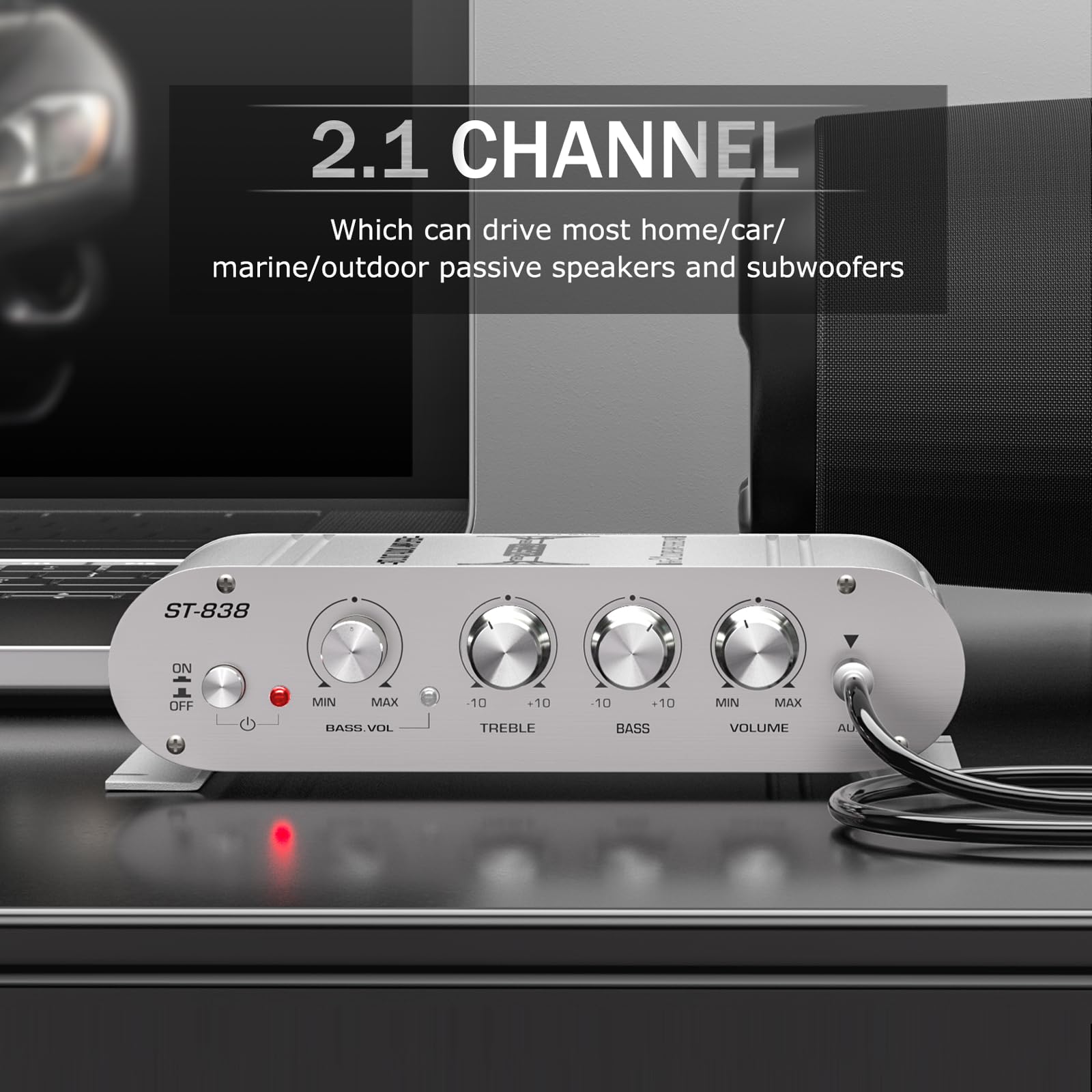 Facmogu St 838 2.1Ch Audio Power Amplifier, Rms 20Wx2+40W Class D Stereo Digital Audio Amp With Subwoofer Output, 80W Mini Subwoofer Amplifier Audio Stereo Bass Amp With Dc12V Power Adapter   Silver