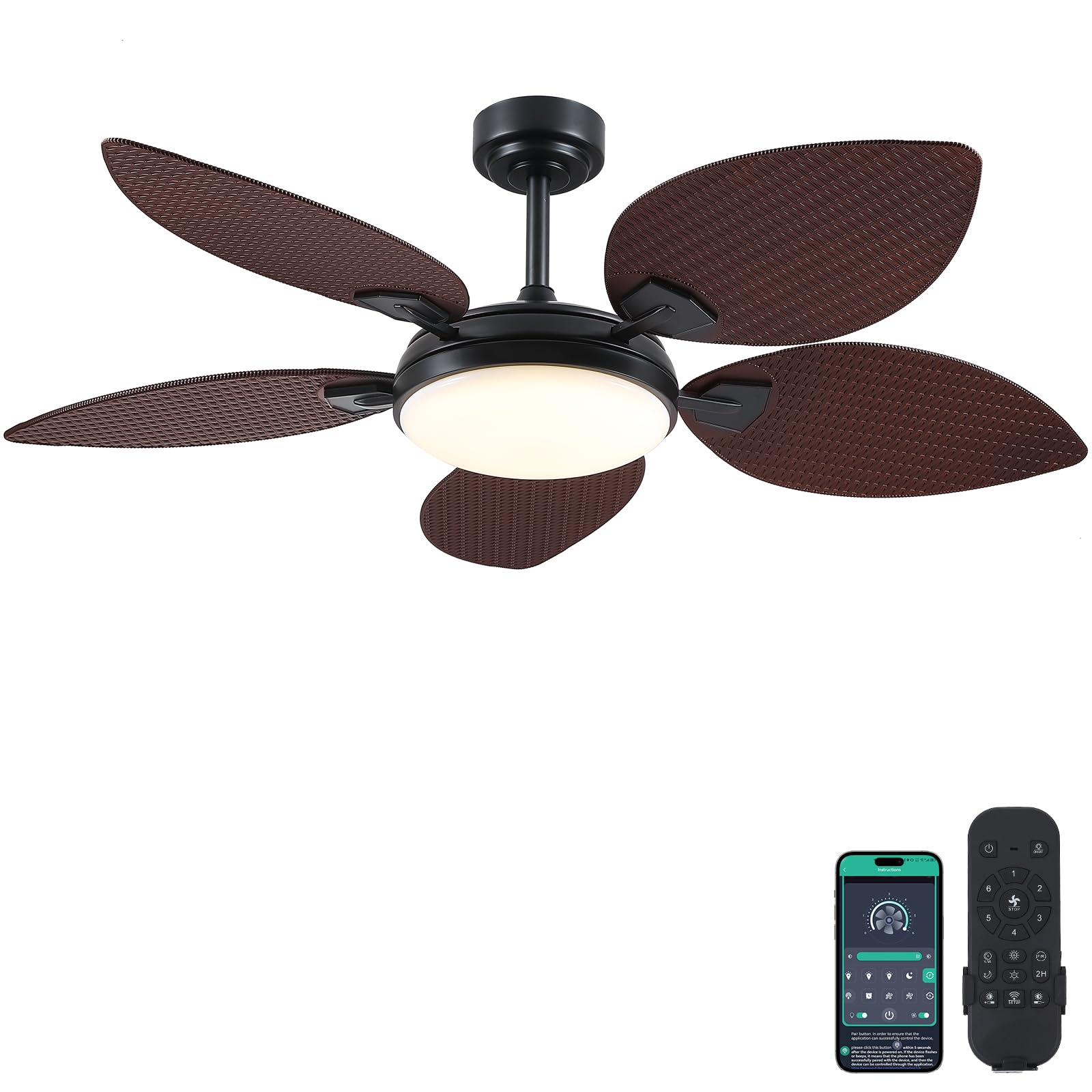 PHORUS 52 Tropical Outdoor Ceiling Fans with Lights and Remote,Palm Leaf Ceiling Fan for Patios Porch Patio, Dimmable, 6 Speeds,
