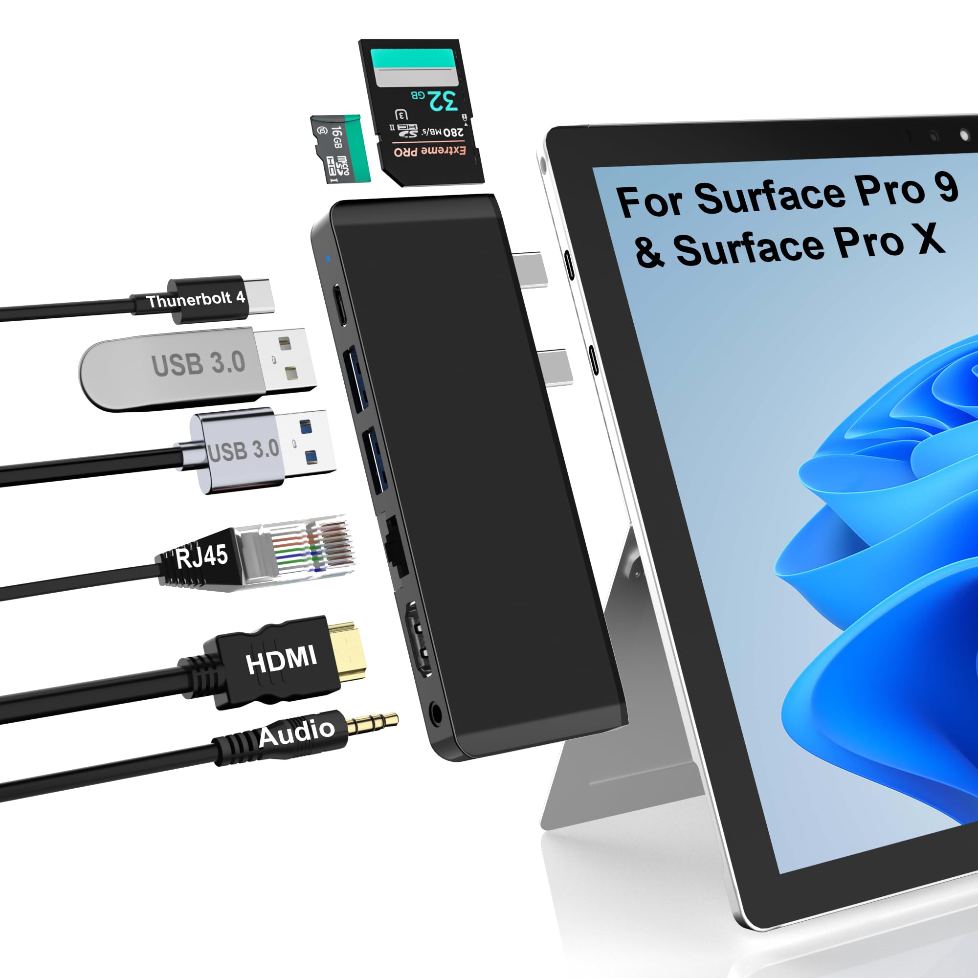 Surface Pro 9 Docking Station With 4K Hdmi, Usb C Thunderbolt 4 (8K@30Hz Video+40G Data+100W Pd), 100M Rj45, 2 Usb 3.0, Sd/Tf Ca