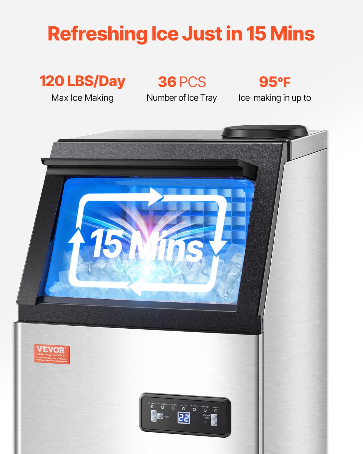 Vevor 120Lbs/24H Commercial Ice Maker Machine With 2 Water Inlets, 36 Ice Cubes In 15 Minutes, With 28Lbs Large Storage Capacity