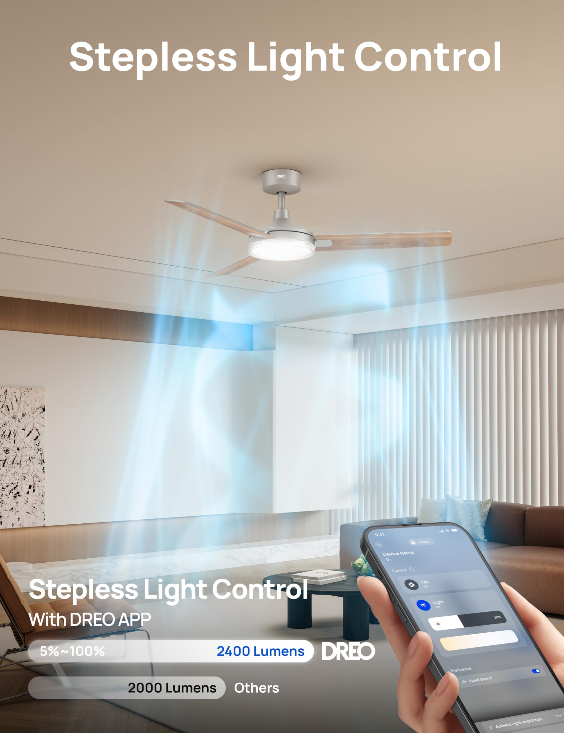 Dreo Smart Ceiling Fans With Lights, 52 Inch Grey Ceiling Fan, 12 Speeds & 3 Fan Modes, Stepless Color Tones, Dimmable Led Light