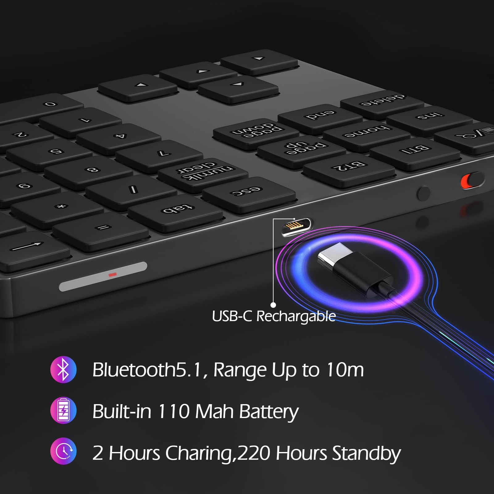 Foloda Bluetooth Number Pad: Wireless Bt Numeric Keypad, Multi Devices Rechargeable Usb C Numpad, 34 Keys Financial Accounting Extensions Data Entry Keyboard For Laptop, Pc, Imac, Macbook, Notebook