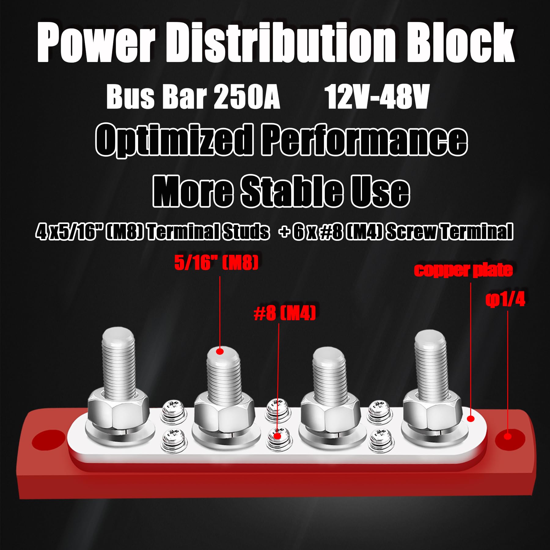 Maierke 250A Bus Bar 12V Marine 5/16'' Power Distribution Block Automotive Busbar Terminal Block,Battery Buss Bar (Pair, Red & B