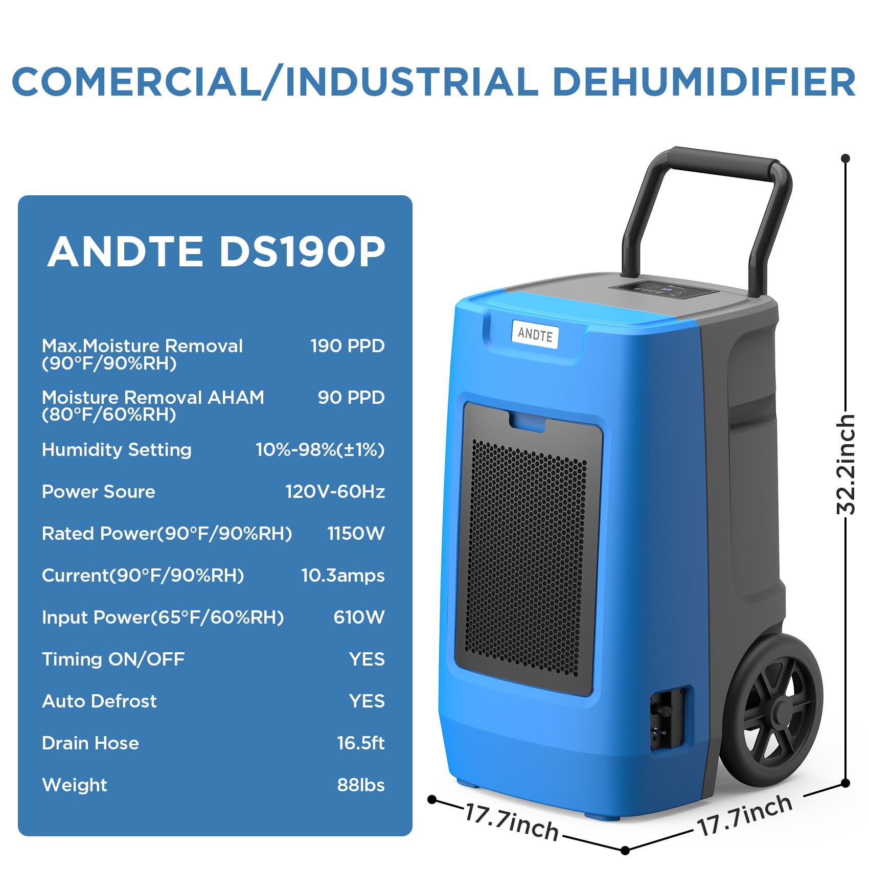 Andte 190 Pints Industrial Dehumidifiers With Pump,Commercial Dehumidifier With Drain Hose, Built In Pump,Handle And Wheels For