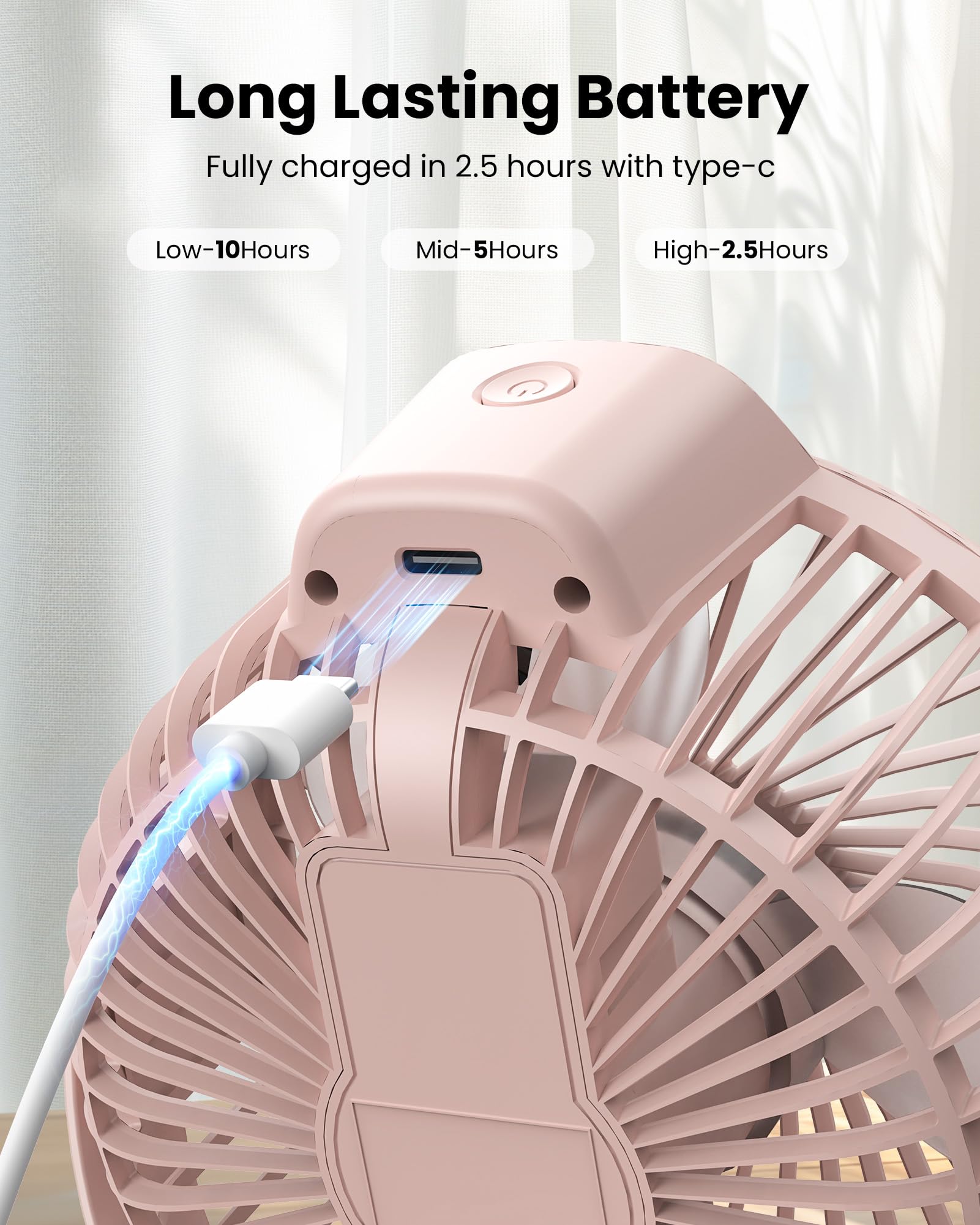 Koonie Portable Clip On Fan, Small Usb Battery Operated, 3 Speed Rechargeable Mini Pink With Led Display, 360 Rotate Personal Co