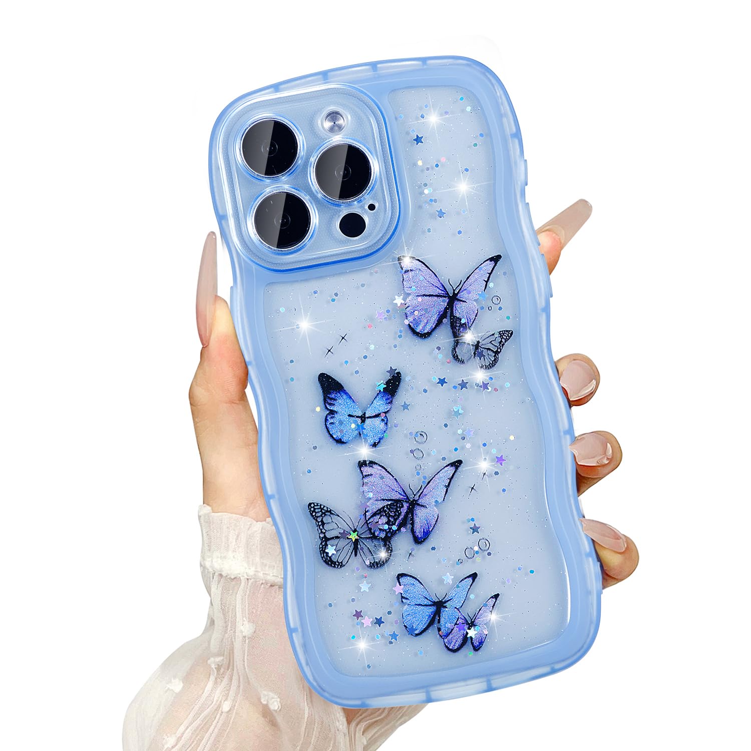 UEEBAI Wave Butterfly Case for iPhone 15 Pro Max Case, Pretty Bling Star Butterfly for Women Cute Shiny Glitter Phone Cover for 