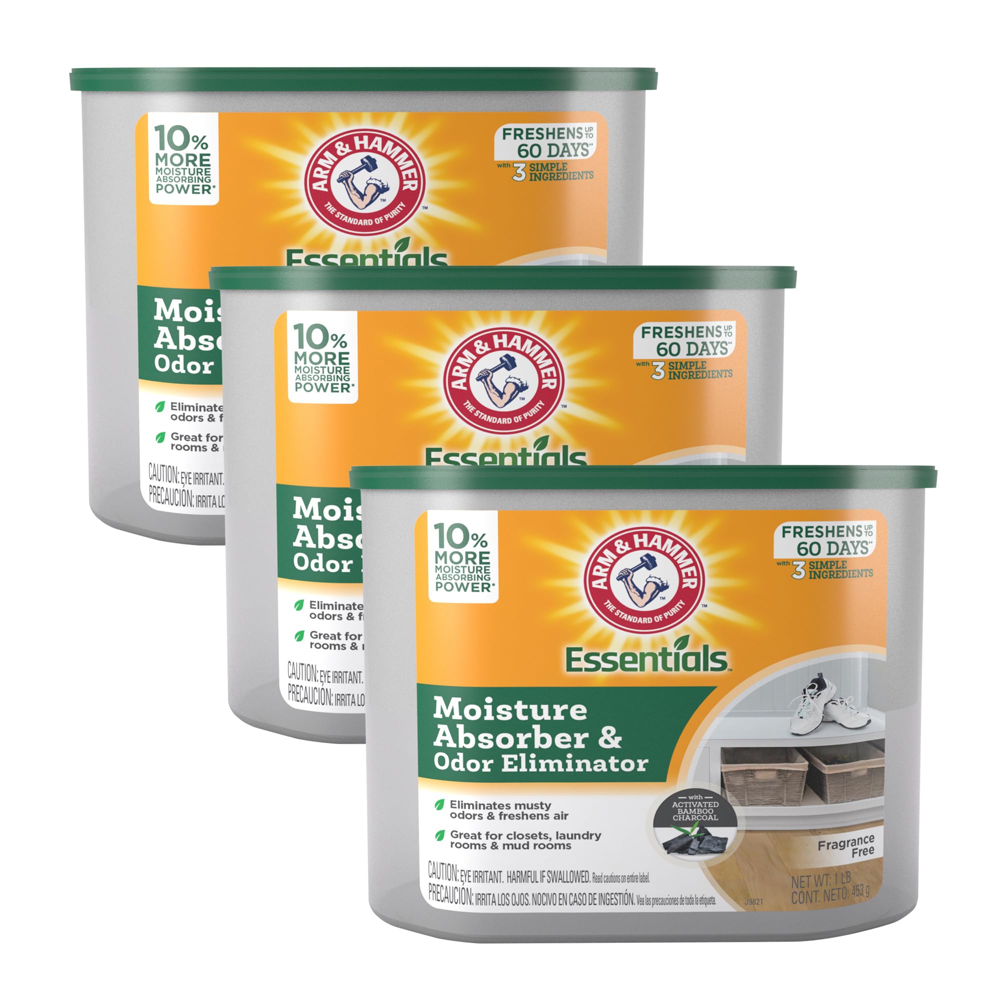 Arm & Hammer Essentials Disposable Moisture Absorber And Odor Eliminator Tub, Fragrance Free, 1 Lb, 3 Pack, Attracts And Traps E