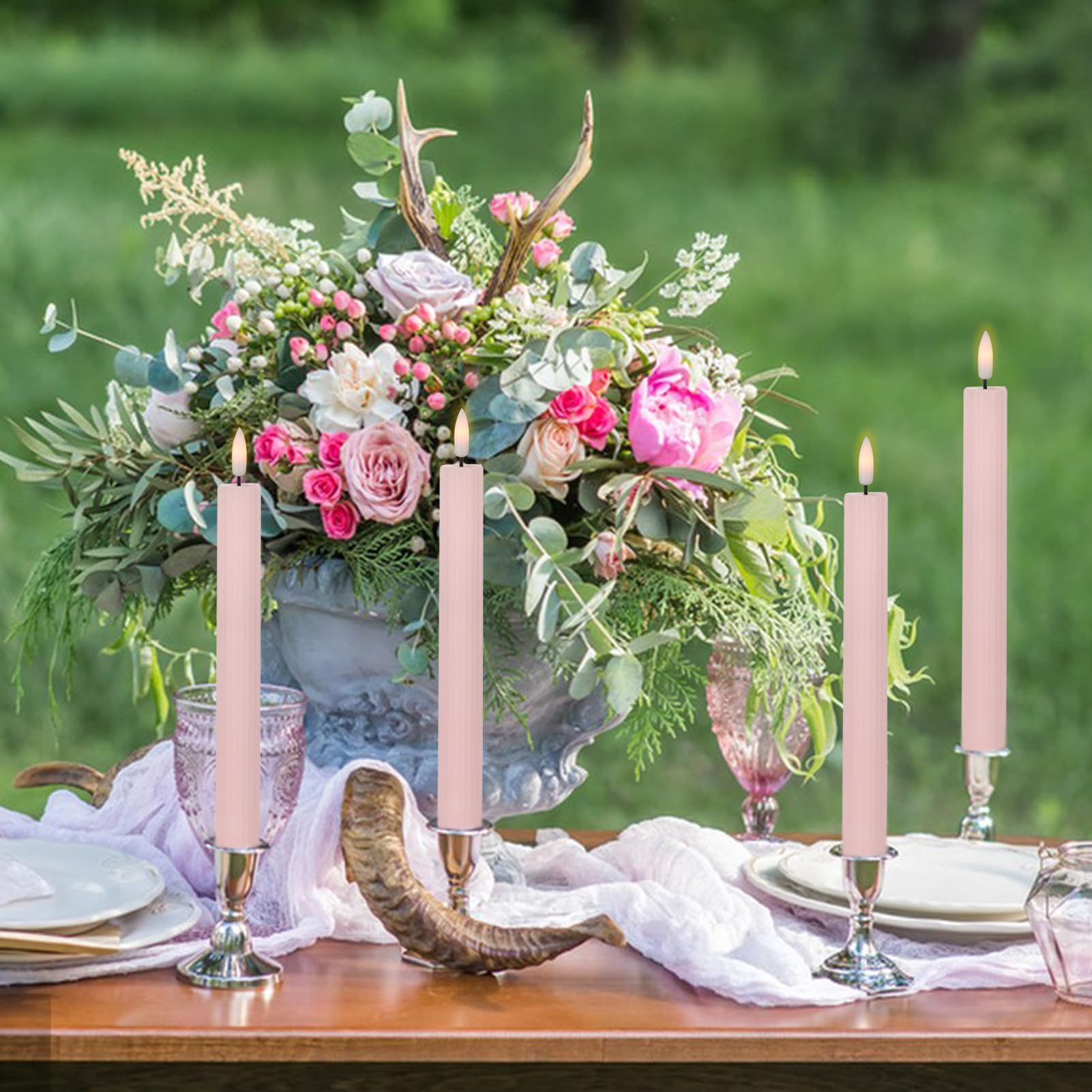 Wondise Pink Flameless Flickering Taper Candles With 10 Key Remote And Timer, Battery Operated 3D Wick Real Wax Led Taper Candle