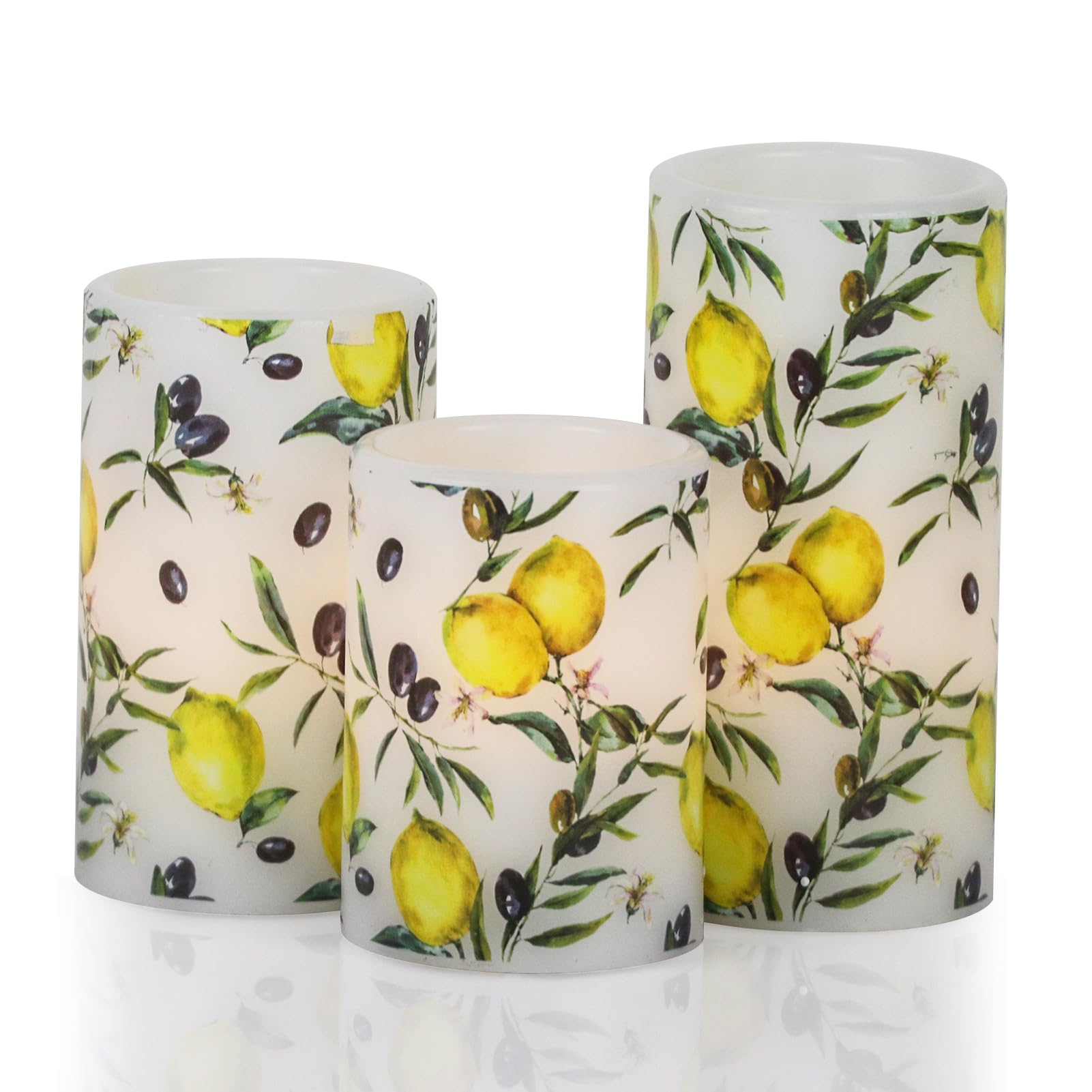 Dromance Flameless Pillar Wax Candles With 6 Hour Timer Battery Operated 3 Packs Lemon Decals Led Flickering Candles Yellow Ligh