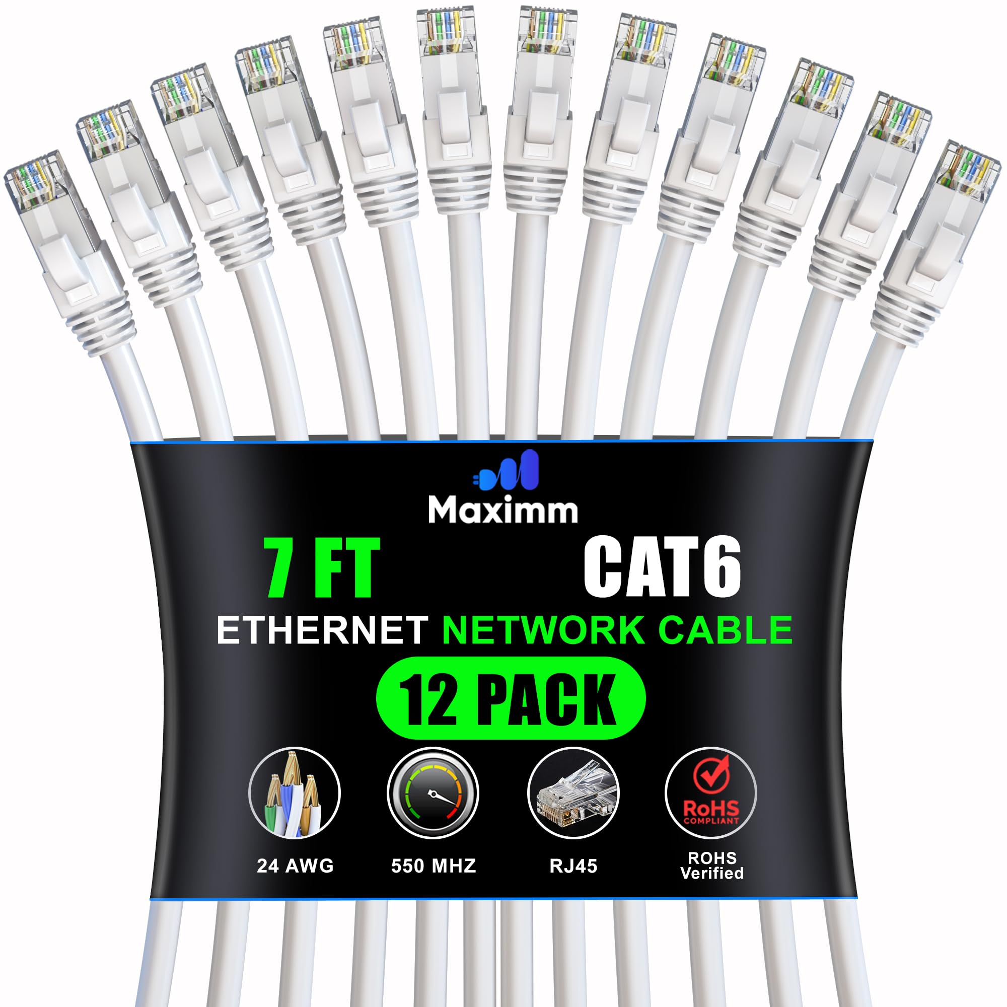 Maximm Cat 6 Ethernet Cable 7 Ft (12 Pack)   High Speed Lan Cable, Internet Cable, Patch Cable, And Network Cable   Utp, 10Gbps, 550Mhz Ethernet Cord   White