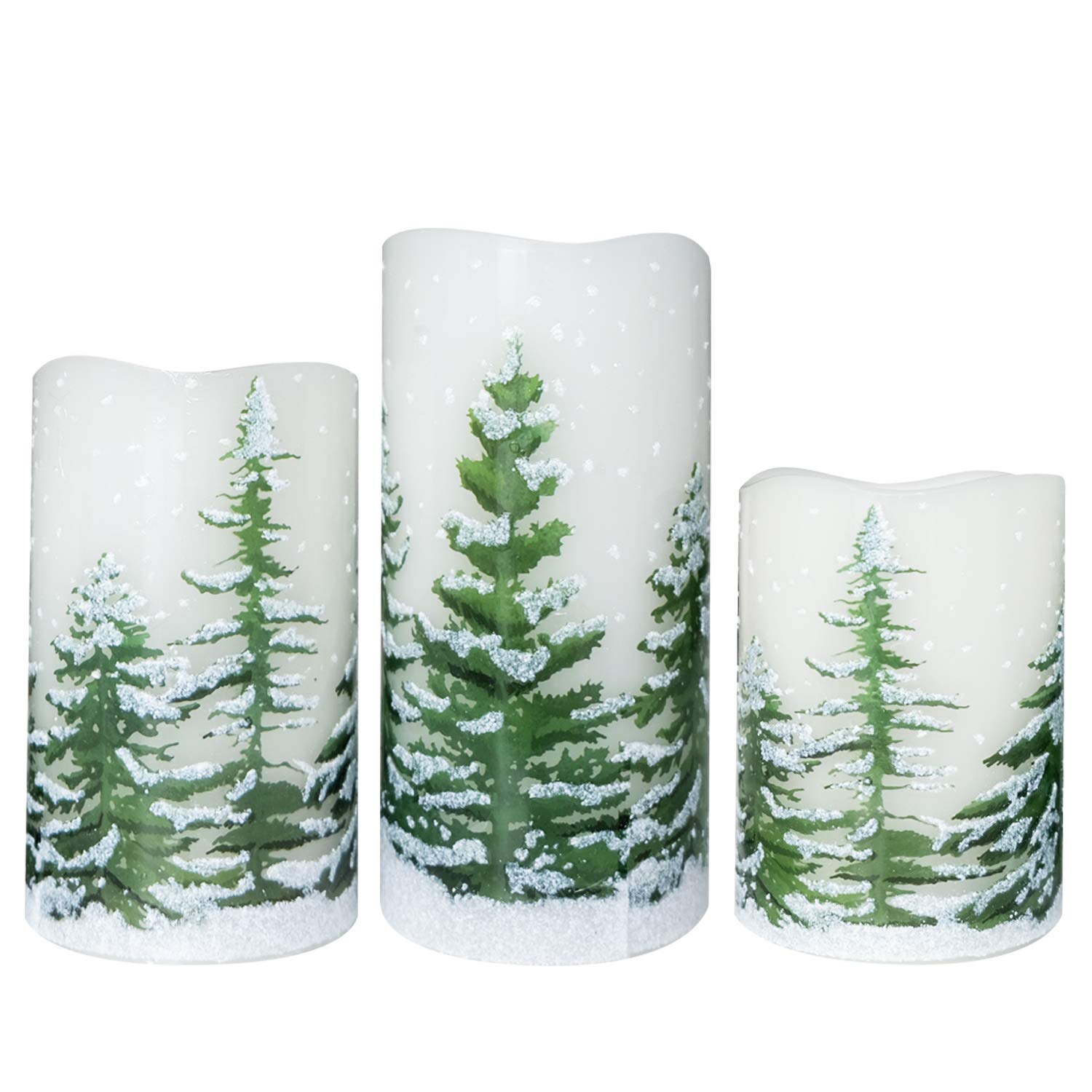Wondise Flickering Flameless Pillar Candles With Timer, Battery Operated Real Wax Warm Light Christmas Tree Pine Tree Decal Cand