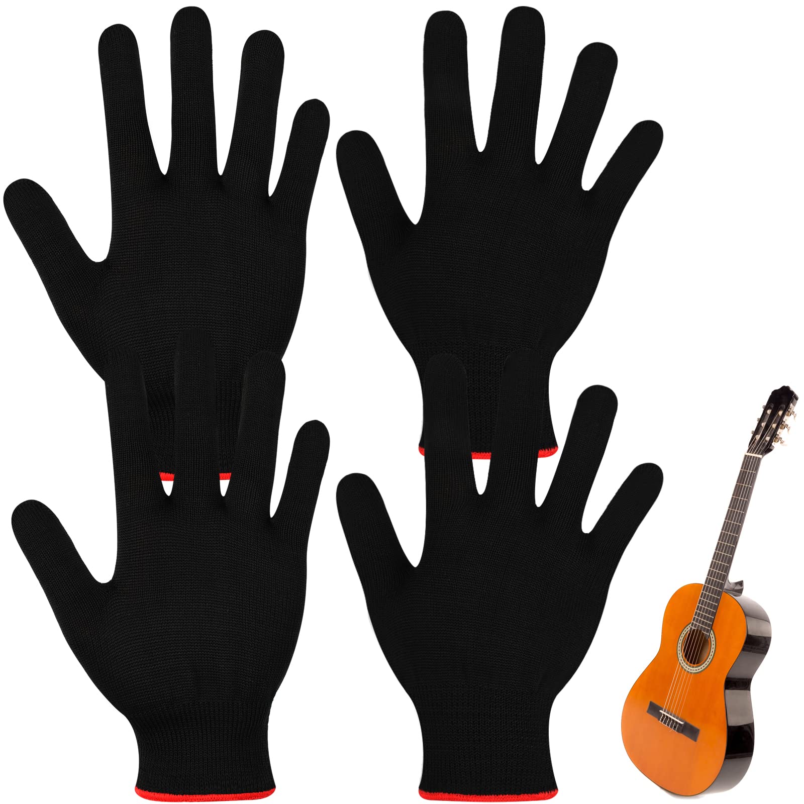Jiuguva 4 Pieces Guitar Gloves Black Bass Glove For Men Women Guitar Players Finger Hand Protector Instrument Accessories, Mediu