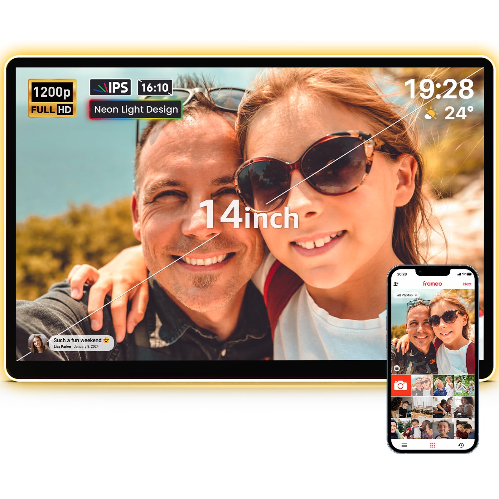 Apolosign 14.1'' Neon Light Digital Frame, 32Gb Storage Smart Digital Picture Frame, Easy Setup, 16:10 Aspect Ratio Glass Lamina