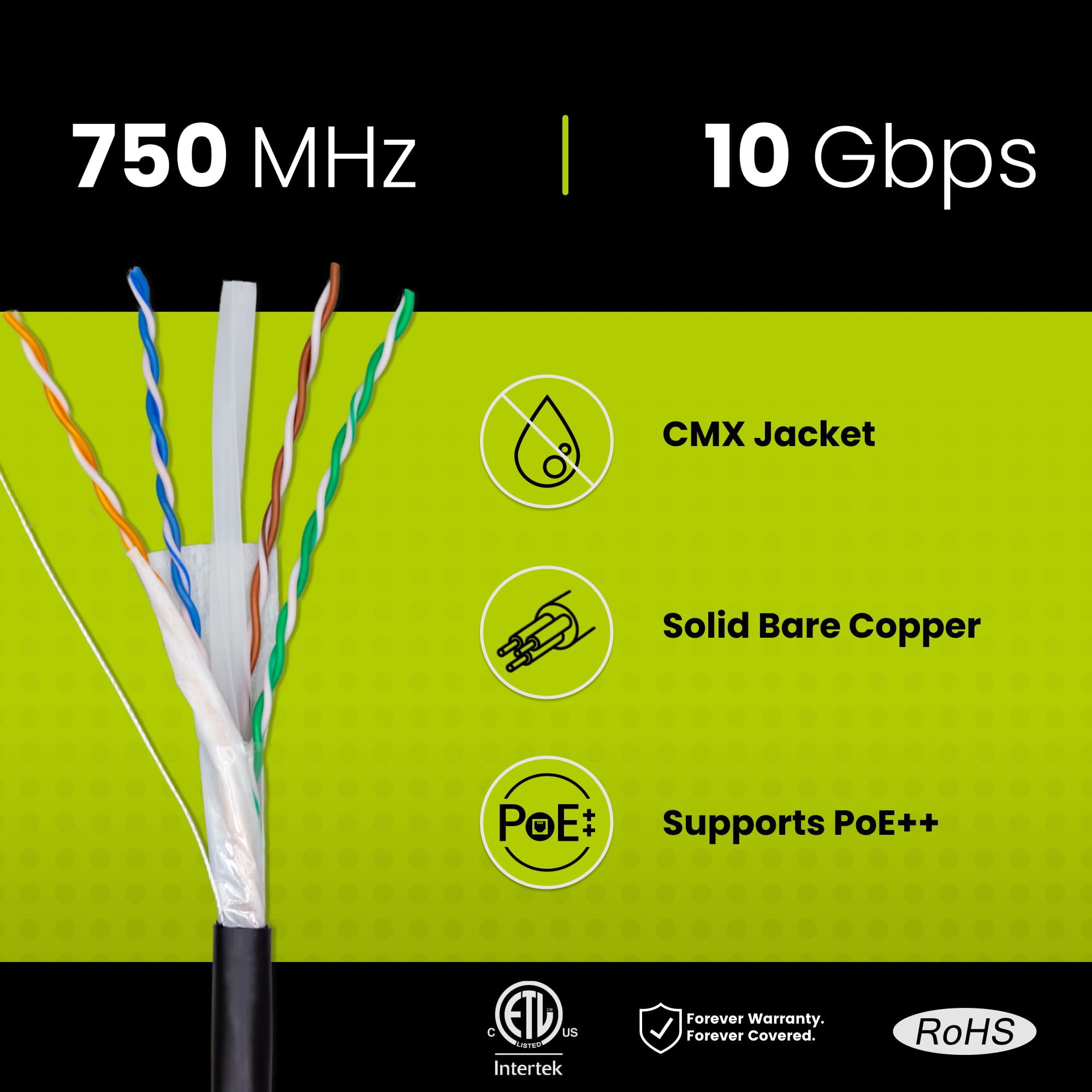 Truecable Cat6A Direct Burial, 500Ft, Waterproof, Outdoor Rated Cmx, Black, 23Awg Solid Bare Copper, 750Mhz, Poe++ (4Ppoe), Etl Listed, Unshielded Utp, Bulk Ethernet Cable