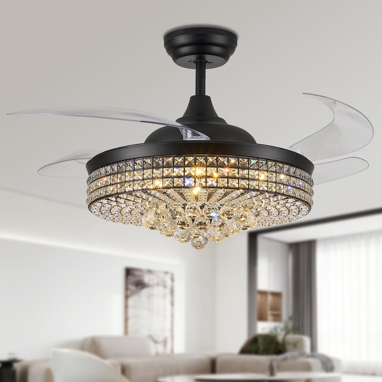 TRSIOPFC 52 Inch Dimmable Crystal Fandelier Ceiling Fans with Light,Chandelier Fan with Remote Control for Bedroom/Living Room,P