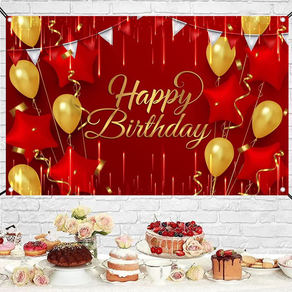 Generic Red And Gold Balloons Birthday Photography Background, Happy Birthday Backdrop With Banner, Rope For Men, Woman, Baby Sh