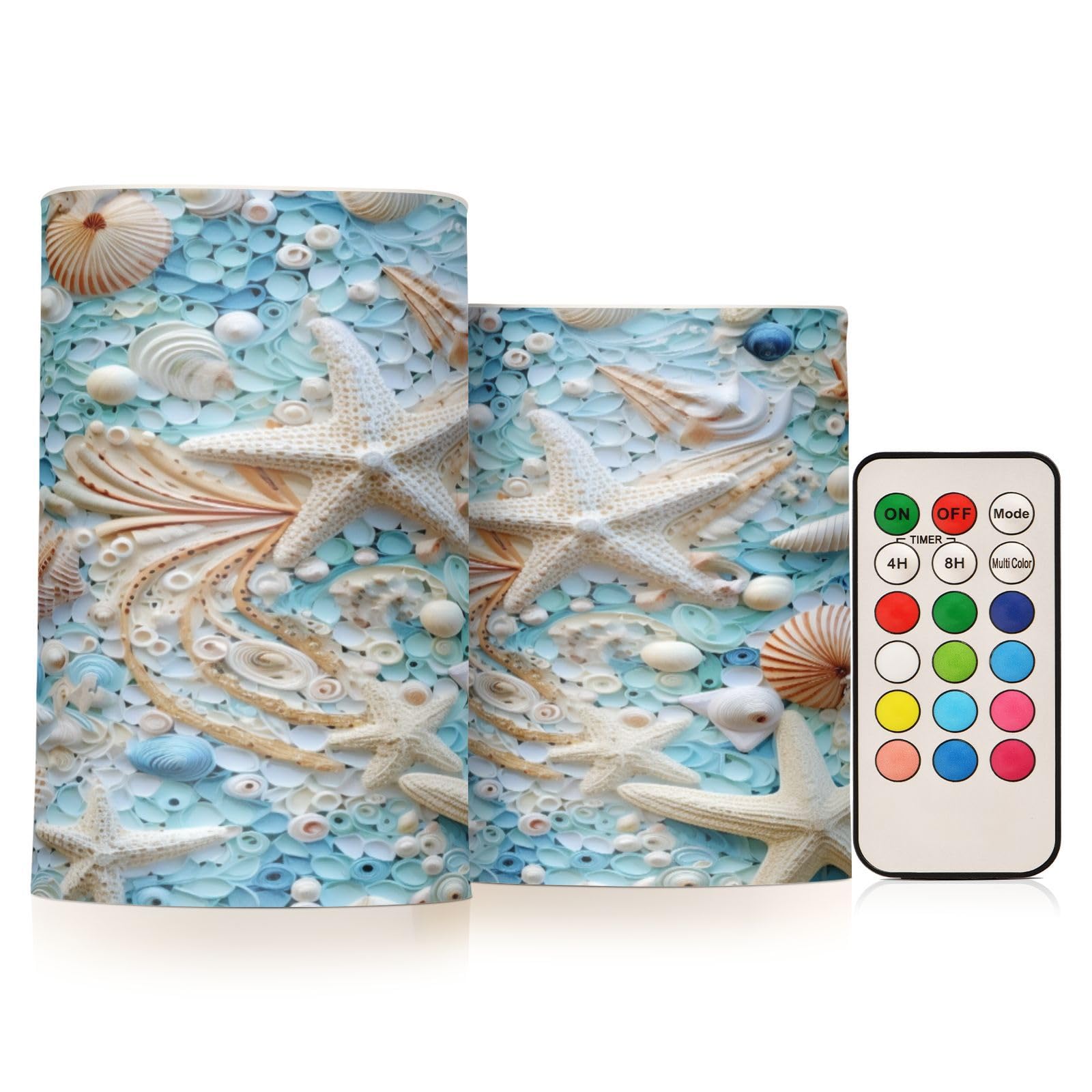 BOENLE Flickering Flameless Candles, Starfish Seashell LED Candles with Remote Timer, Set of 2 Battery Operated Candle for Valen
