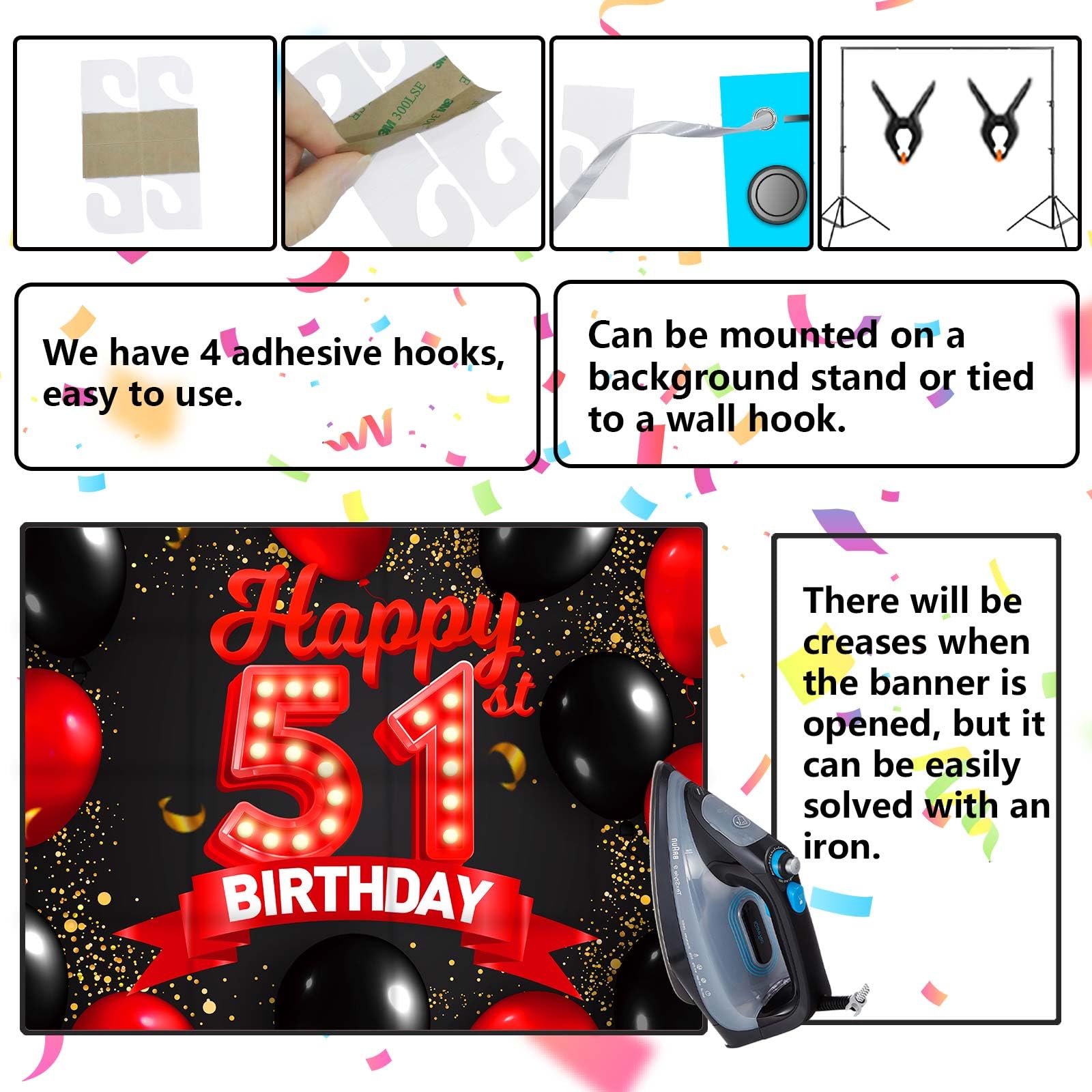 Happy 51St Birthday Red And Black Banner Backdrop Decorations Balloons Theme Decor For Girls Women Princess 51 Years Old Birthda