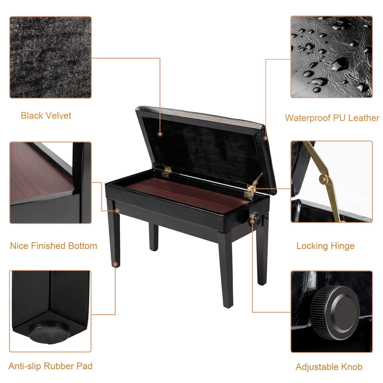 Bonnlo Adjustable Duet Piano Bench With Storage Black Faux Leather Piano Stool Deluxe Padded Seat With 2 Thick Cushion