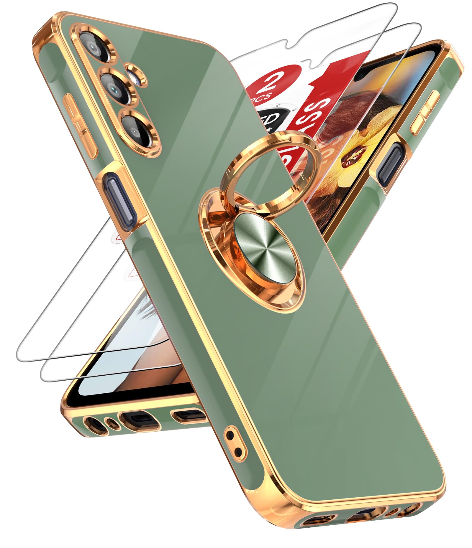 Leyi For A15 5G Case: With Tempered Glass Screen Protector [2 Pack] 360 Rotatable Ring Holder Magnetic Kickstand, Plating Rose G