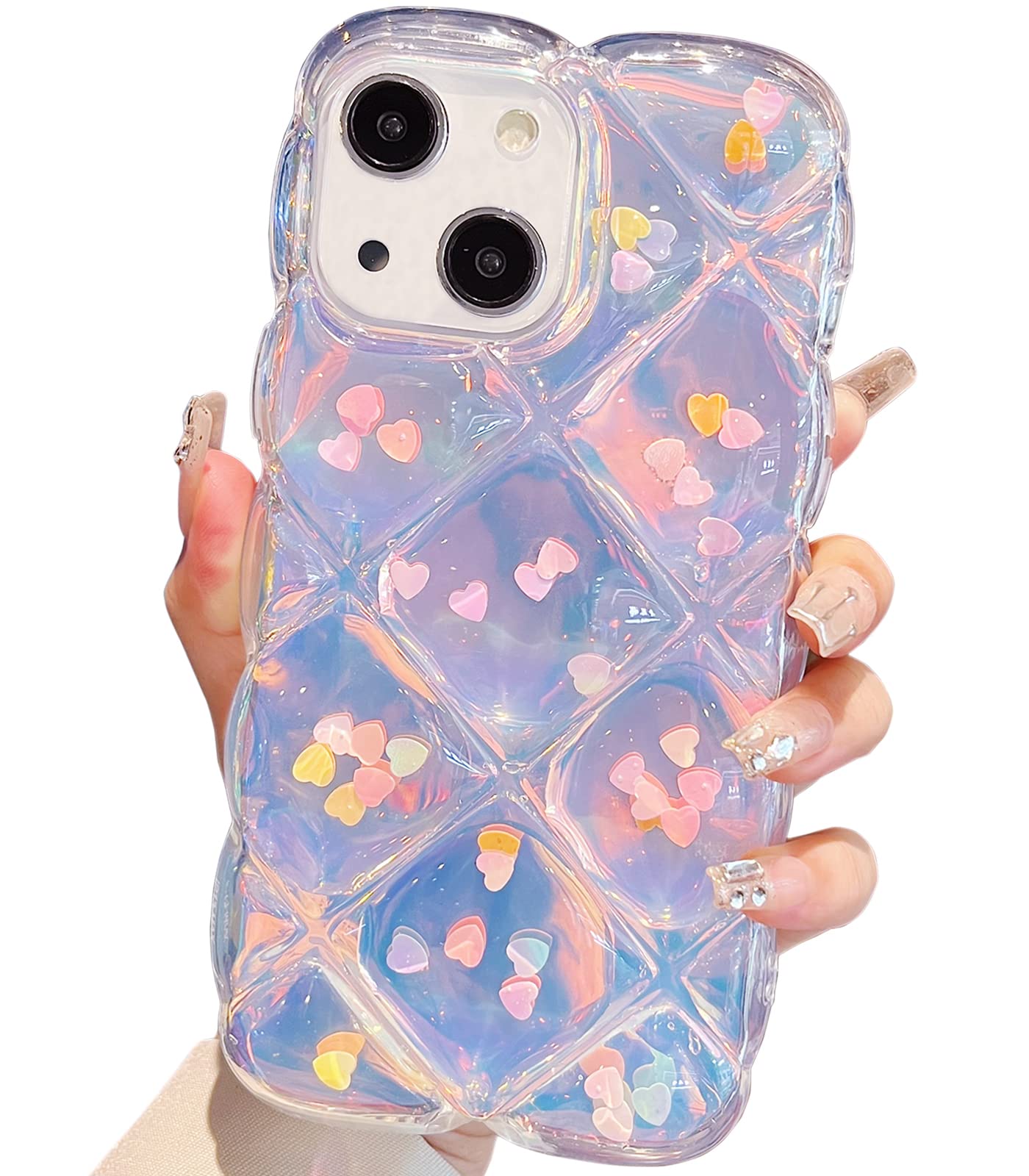 Qokey iPhone 14 Case Laser Bling Love Heart Glitter Clear TPU Shockproof Soft Wave Frame 6.1"