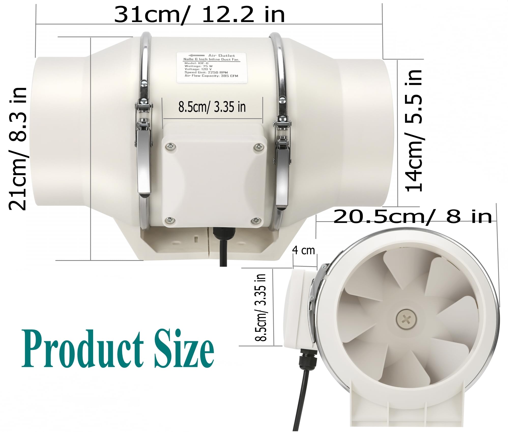 Nalle Inline Duct Fan 75W 390 Cfm Ventilation Exhaust Blower Fans 6 Inch Duct Fan Efficient Quiet Copper Motor For Ducting Vents