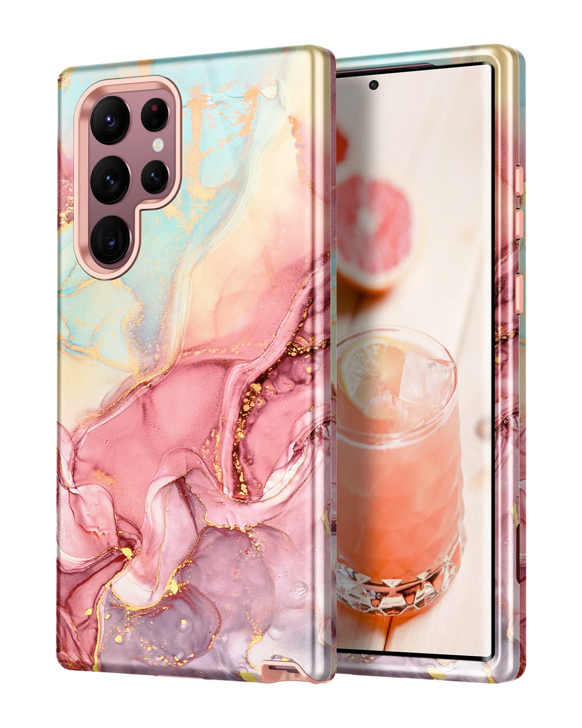 Btscase Case For Samsung Galaxy S22 Ultra 5G, Marble Pattern 3 In 1 Heavy Duty Shockproof Full Body Rugged Hard Pc+Soft Silicone