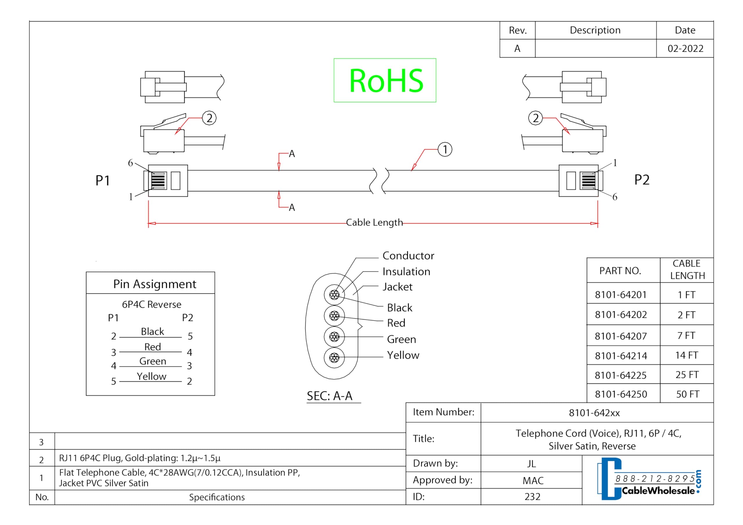 Cablewholesale 50 Feet Telephone Cord For Voice (Voip), Rj11 Plug Gold Plated Connectors, 6P / 4C, Silver Satin, 28Awg, Reverse,