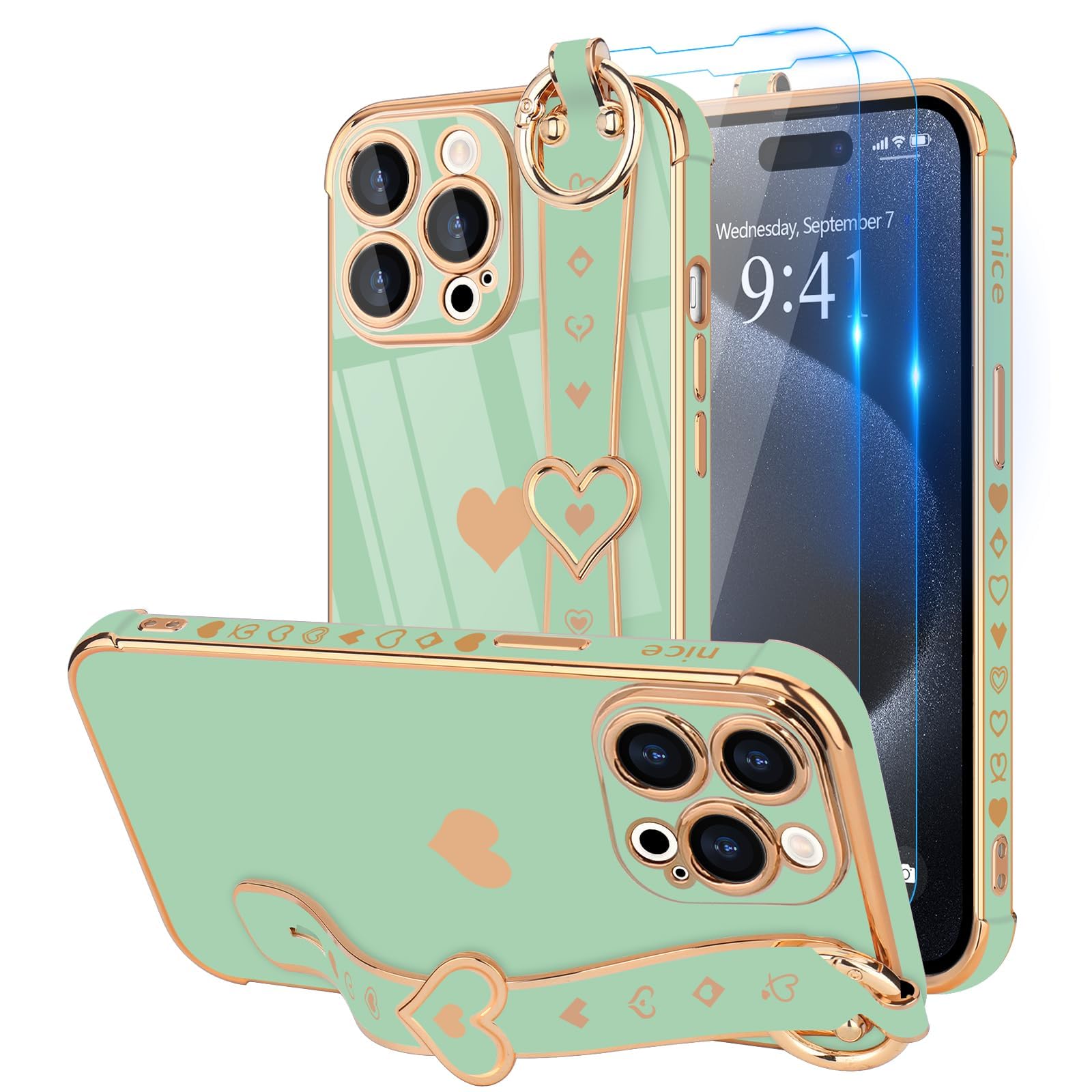 Llz.Coque For Iphone 15 Pro Case With Strap For Women Girls [2   Screen Protectors], Cute Love Hearts Design, Wristband Kickstan
