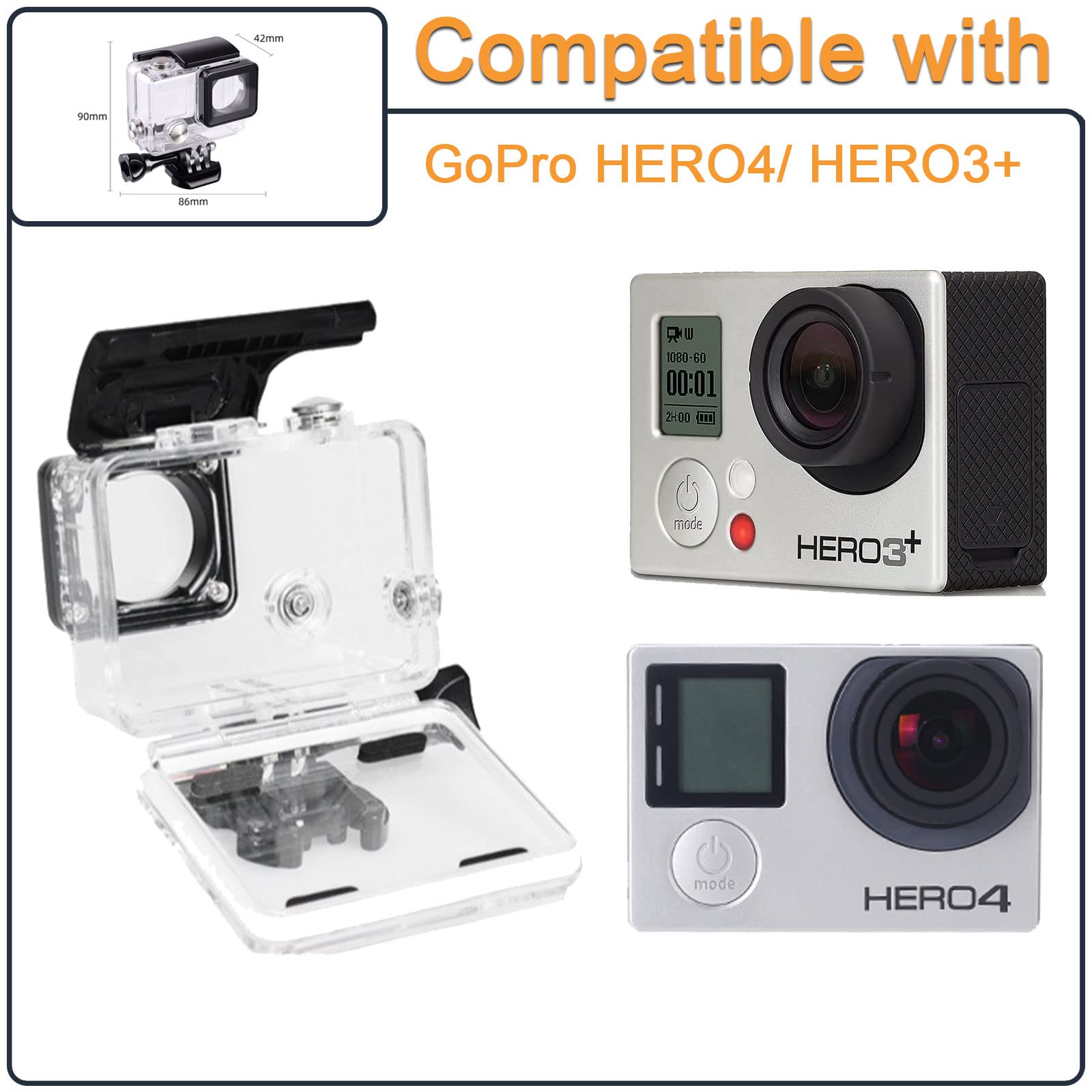 Waterproof Housing Case For Gopro Hero 4 3 Plus, Protective Underwater Dive Shell With Bracket For Go Pro Hero4 3+ Action Camera