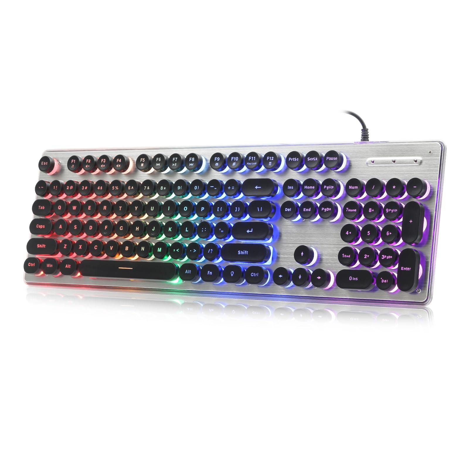 Answk Typewriter Style Gaming Keyboard With Metal Panel, Rainbow Led Backlit, Round Keys, Anti Ghosting, Spill Resistant, Light