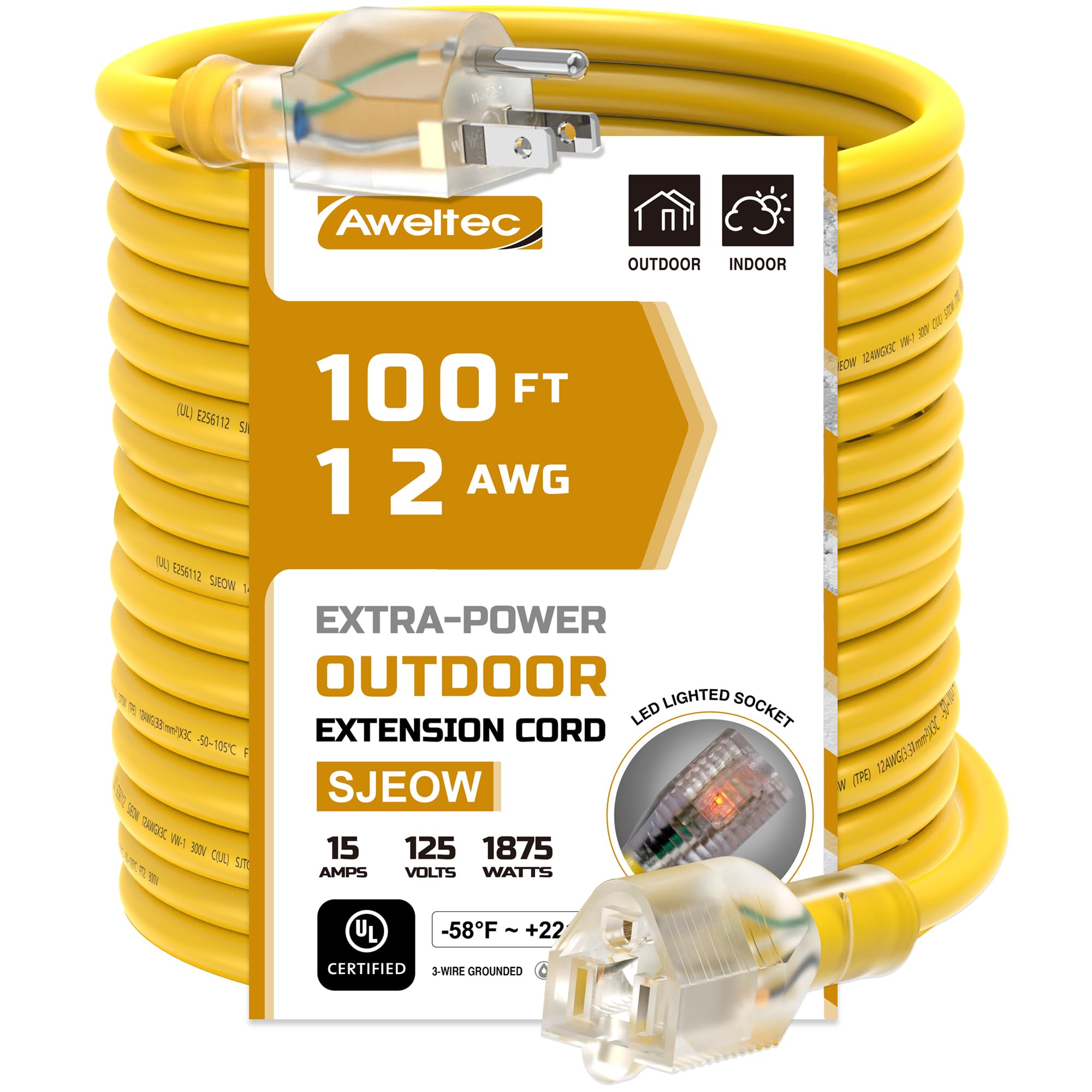 Aweltec Outdoor 12/3 Extension Cord 12Awg 100Ft 15Amp 1875Watts, Tpe Rubber Sjeow ( 58F To +221F) Lighted Power Cord, Yellow, Ul