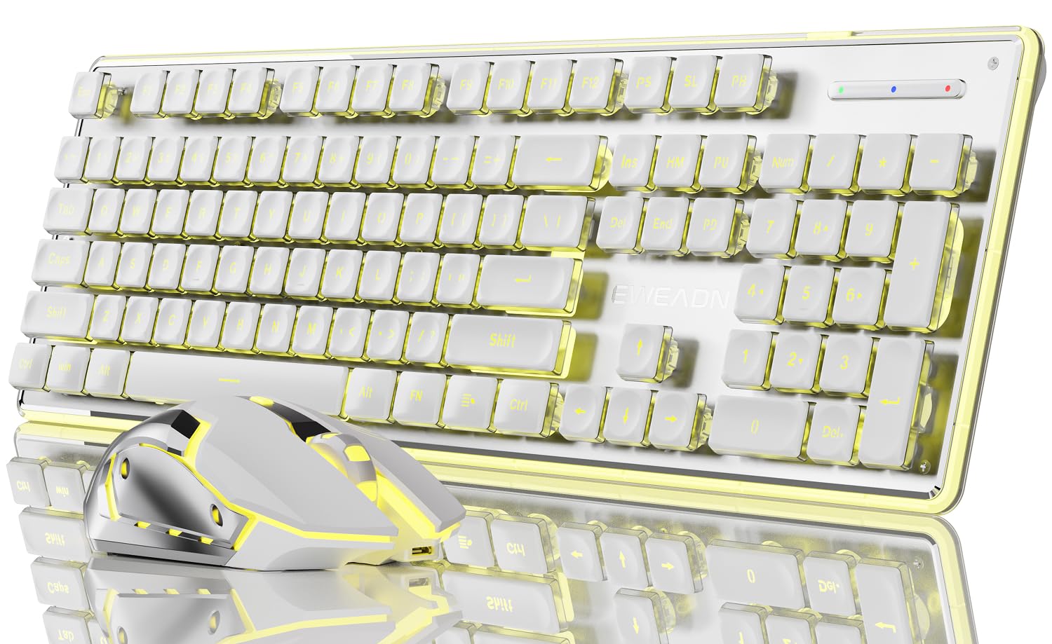 SEUNKWANG EWEADN V3 Wireless Keyboard and Mouse with Yellow Backlit, Metal Panel, Bluetooth/2.4G Rechargeable Computer Keyboard 