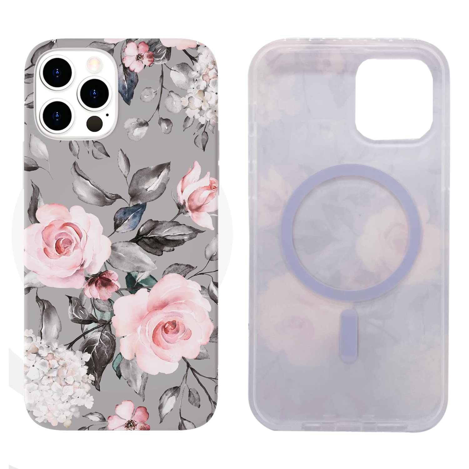 Magnetic Case For Iphone 12/12 Pro 6.1'' Compatible With Magsafe   Soft Tpu, Slim, Shockproof, Protective, Cute Gray Pink Floral