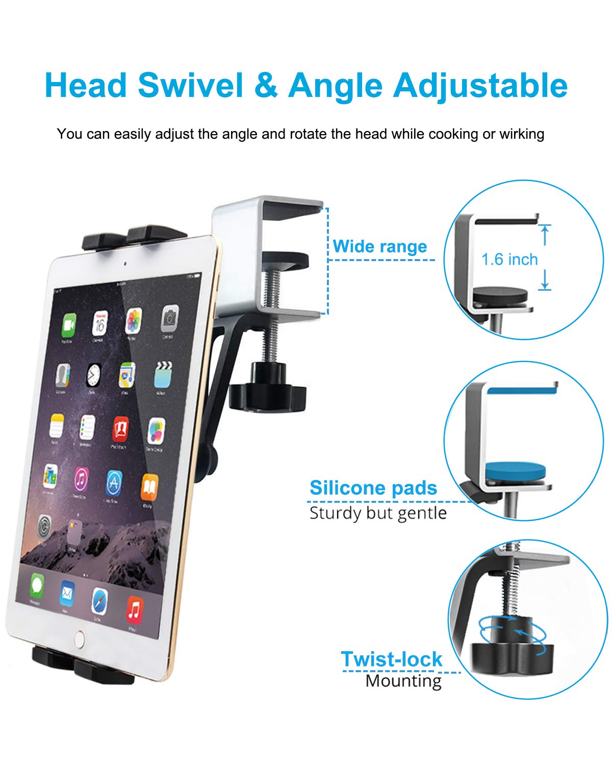 Woleyi Kitchen Cabinet Tablet Mount, Easy Install Under Cabinet Tablet & Phone Clamp Holder Stand For Ipad Pro 9.7, 10.5, 12.9 A