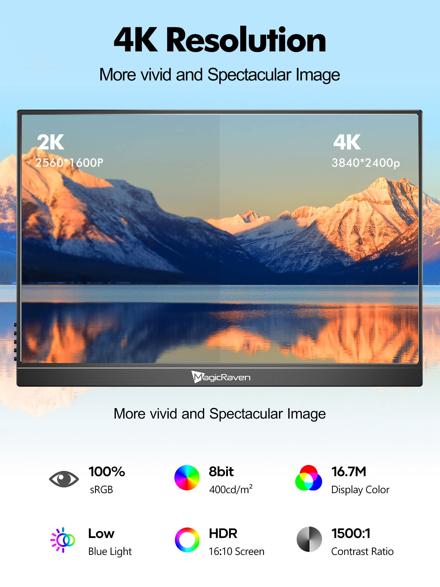 Magicraven 4K Portable Monitor, 16'' 3840X2400 Ips Laptop Monitor, 1500:1, 400 Nits Screen Usb C Hdmi Computer Gaming Display Wi