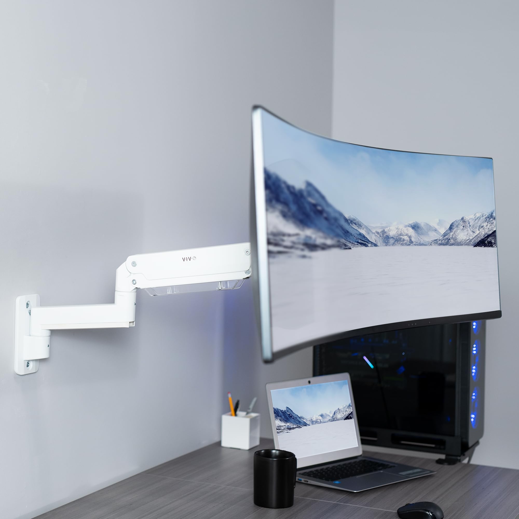 VIVO Premium Aluminum Heavy Duty Monitor Arm for Ultrawide Screens up to 49 inches and 44 lbs, Single Wall Mount, Pneumatic Height, Max VESA 100x100, White, MOUNT V101G1W