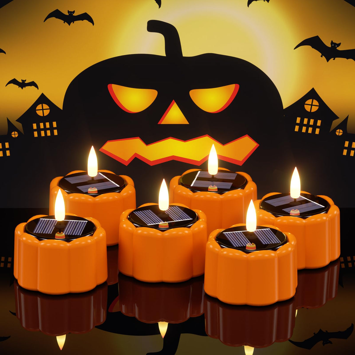Dromance Flameless Votive Candles Solar Battery Operated Dusk To Dawn 3D Wick Flickering Outdoor Waterproof Spooky Pumpkin Led T
