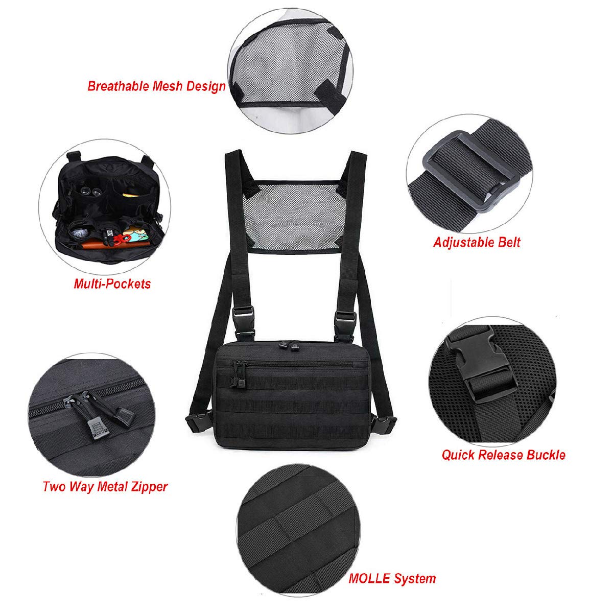 Abcgoodefg Tactical Chest Rig Molle Radio Chest Harness Holder Holster Vest Front Chest Pouch Outdoor Chest Bag Chest Pack (Black)