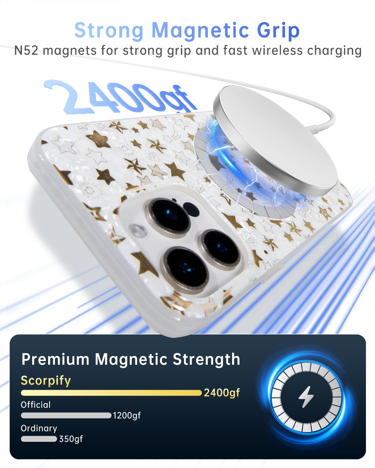 Scorpify For Iphone 16 Pro Case [Compatible With Magsafe] With Shining Pearl Star Design, Cute Clear Magnetic Phone Cover For Wo