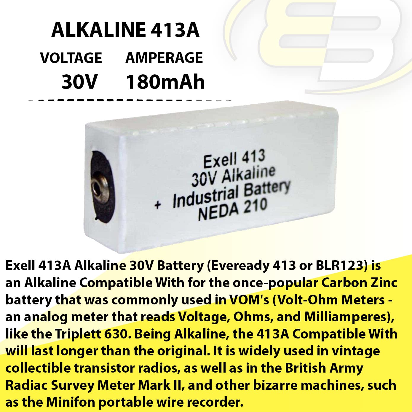 Exell Battery 413A 30V Neda 210 Alkaline Battery Fits Replaces Gooch & Housego Ol Series 730-Ge Detector, Voms, Triplett 630, 2