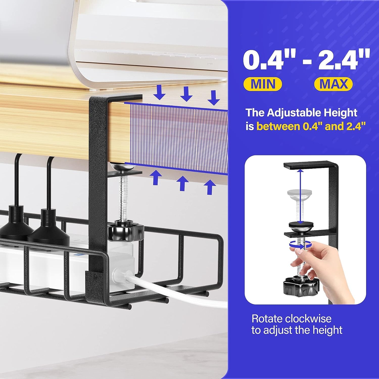 Under Desk Cable Management Tray 2 Pack, Xpatee Wire Management No Drill No Screws, Cable Tray With Clamp For Desk Wire Manageme