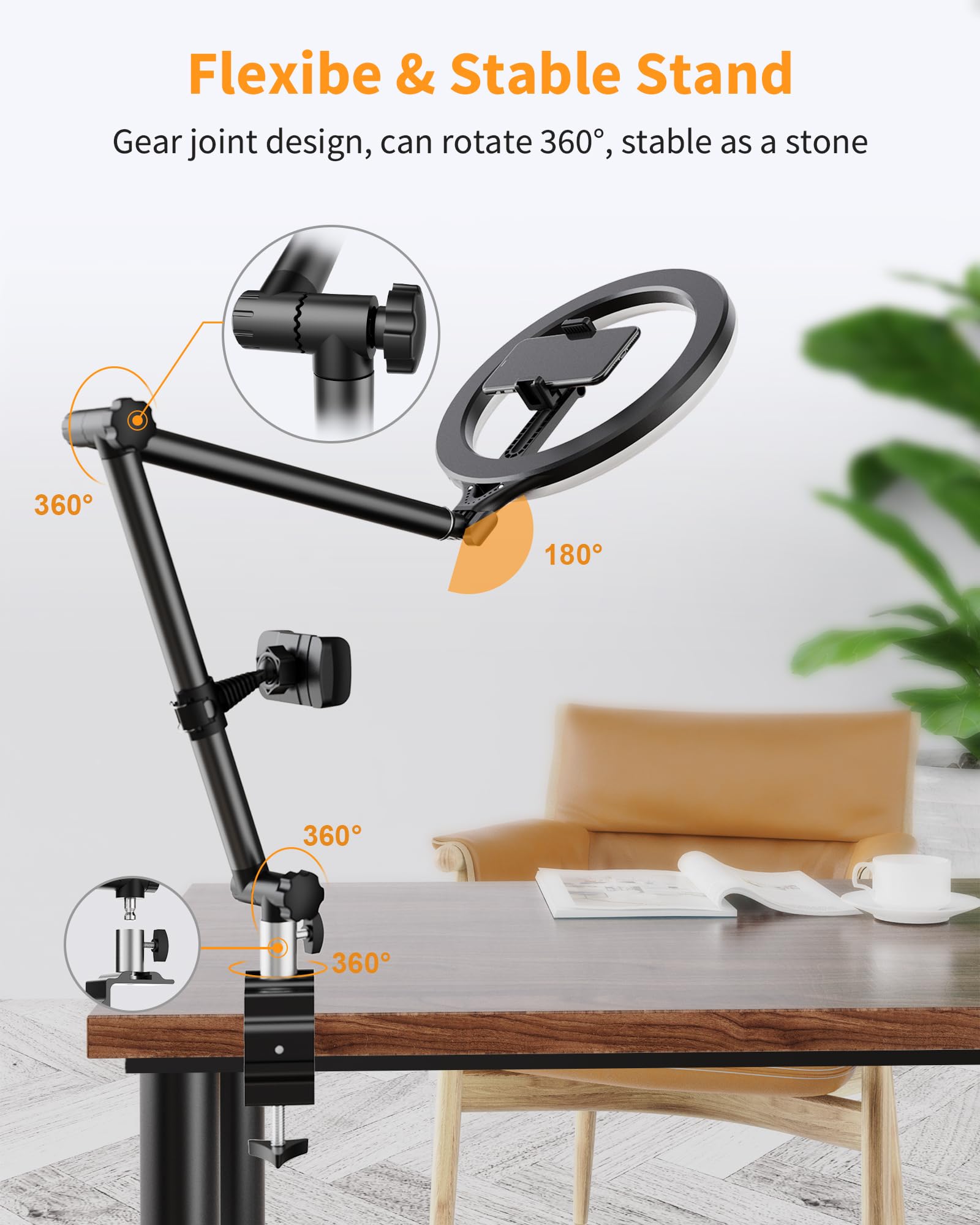 Ring Light With Stand And Phone Holder, Usb 10'' Ring Light For Desk, Overhead Camera Mount With Ringlight, Desk Lamp With Clamp