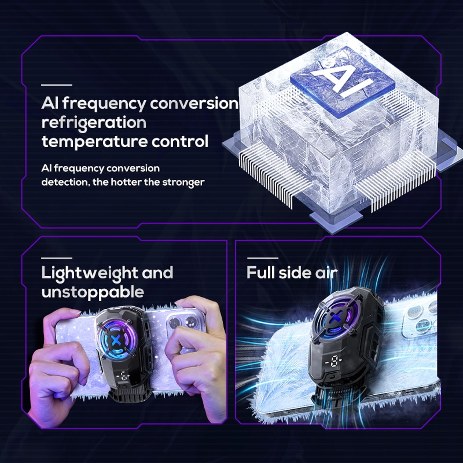 Phone Cooler 27W Cell Phone Fan Cooler Cellphone Radiator With Temperature Display/Intelligent Controls/3 Fan Speed For 2.83 3.6