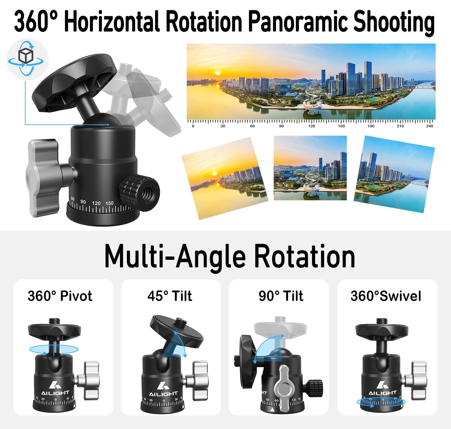 Ailight Mini Ball Head, 360 Panoramic Tripod Head, Universal 1/4'' To 3/8'' Screw Adapter Swivel Ball Head Tripod Mount, Dual Co
