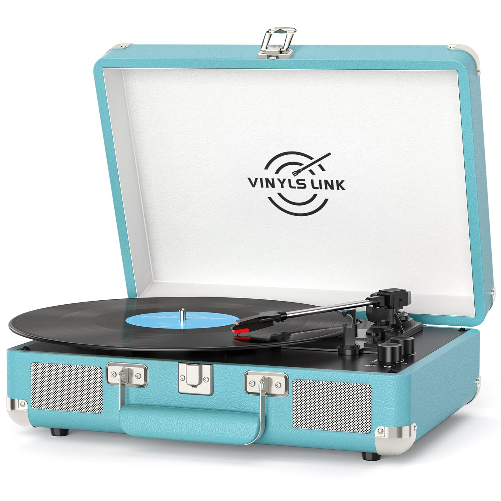 Vinyl Record Player 3-Speed Bass Control Bluetooth Suitcase Portable Belt-Driven Record Player with Built-in Speakers RCA Out He