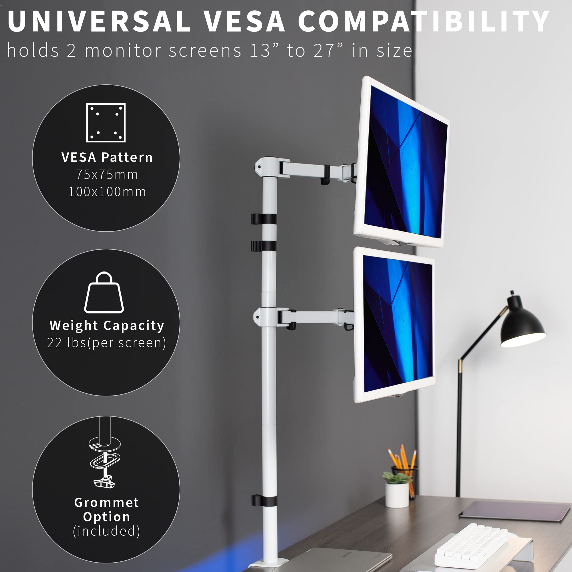 VIVO Extra Tall Vertically Stacked Dual Monitor Desk Mount Stand with 39 inch Stand up Pole, Fully Adjustable Extended Arms, Fits 2 Screens up to 27 inches, White, STAND V012TW