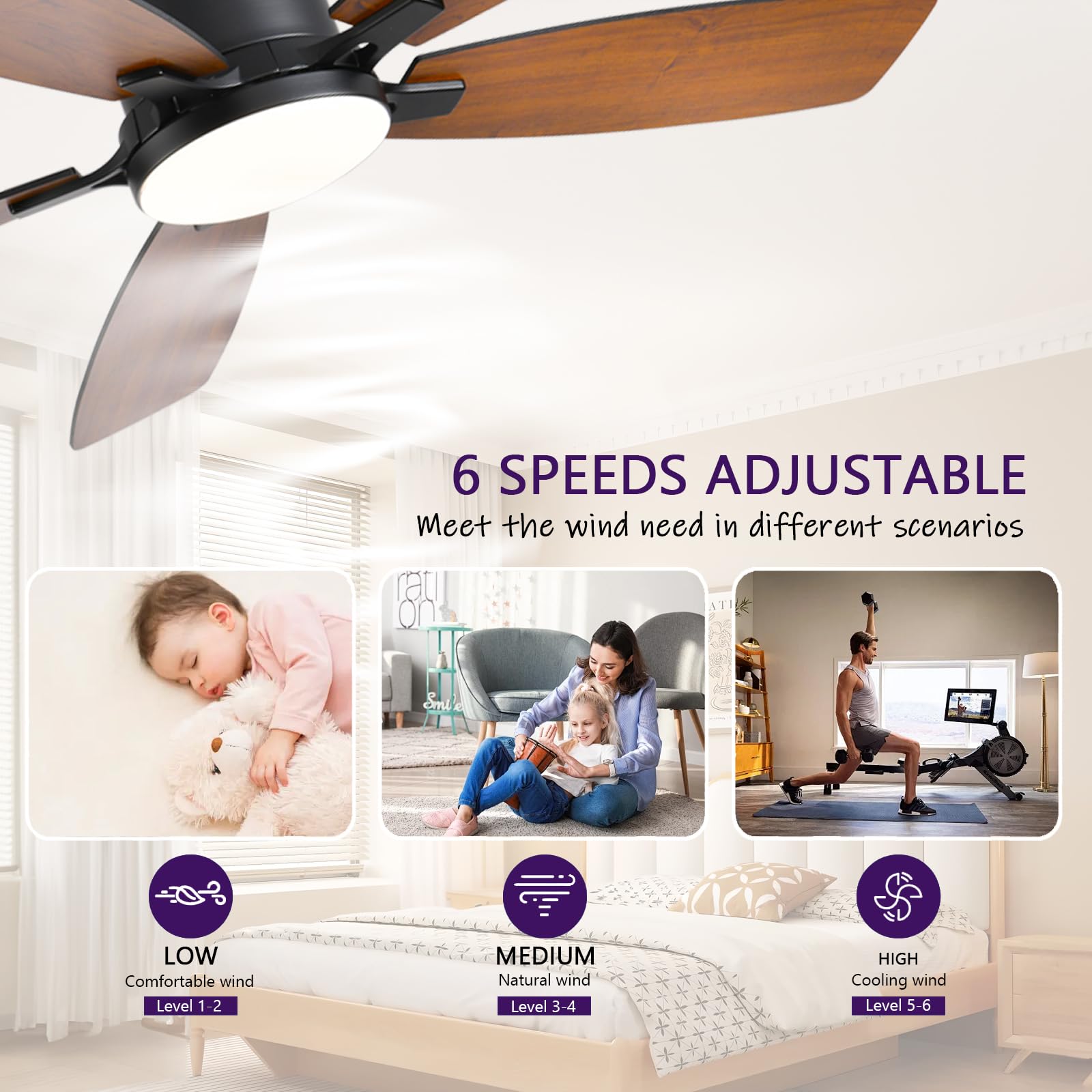 52Inch Ceiling Fans With Lights, Flush Mount Ceiling Fan With Light And Remote/App Control, Reversible Dc Motor, Dimmable Led, N